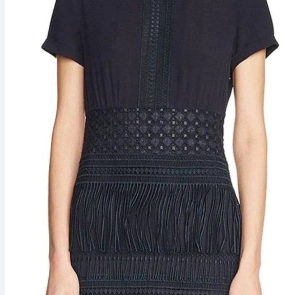 Maje Reia Embroidered Tassel Fringe Dress Navy